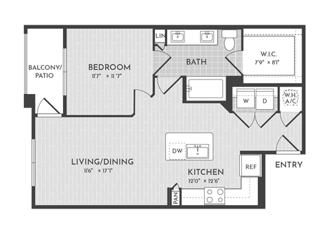 Floor plan for 1 bed, 1 bath, 719 sqft